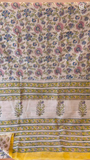 Beige & Yellow Floral Handblocked Pure Maheshwari Cotton Sarees