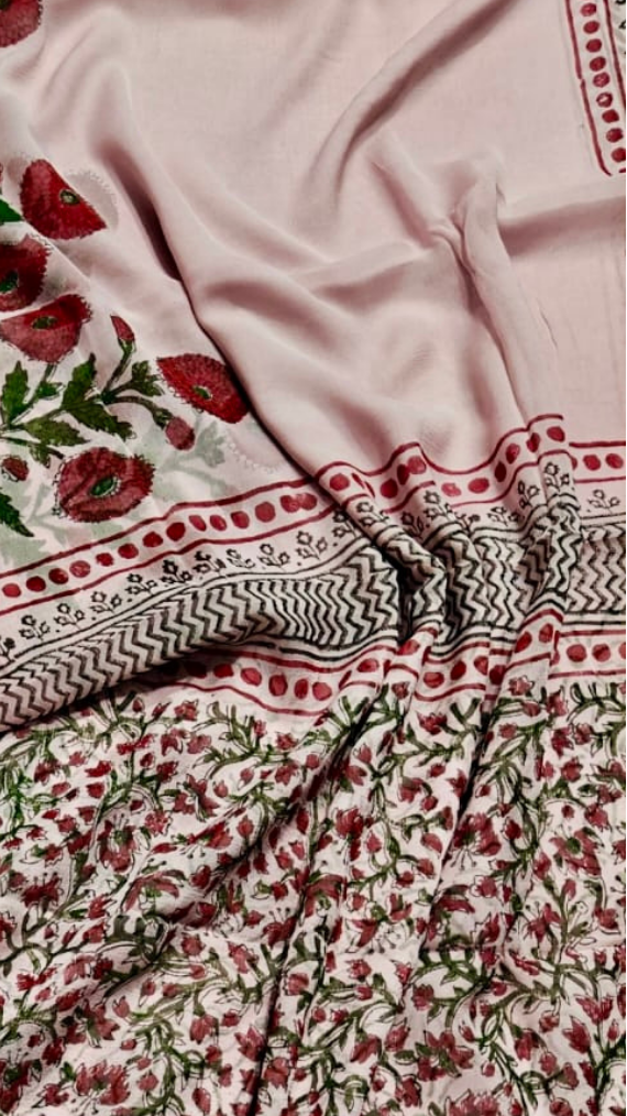 Beige and Red Floral Handblocked Pure Double Chiffon Sarees