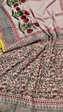 Beige and Red Floral Handblocked Pure Double Chiffon Sarees