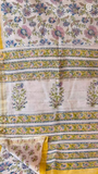 Beige & Yellow Floral Handblocked Pure Maheshwari Cotton Sarees