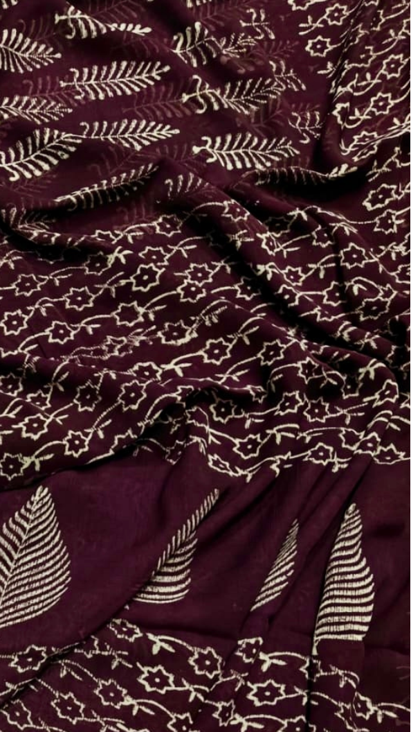 Brown and Beige Floral Handblocked Pure Double Chiffon Sarees
