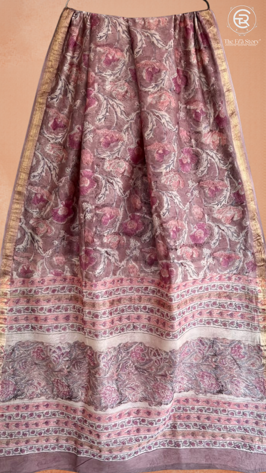 Dusty Rose Floral Handblocked Pure Maheshwari Cotton Sarees