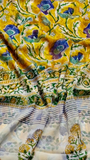Yellow and Blue Floral Handblocked Pure Double Chiffon Sarees