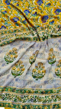 Yellow and Blue Floral Handblocked Pure Double Chiffon Sarees