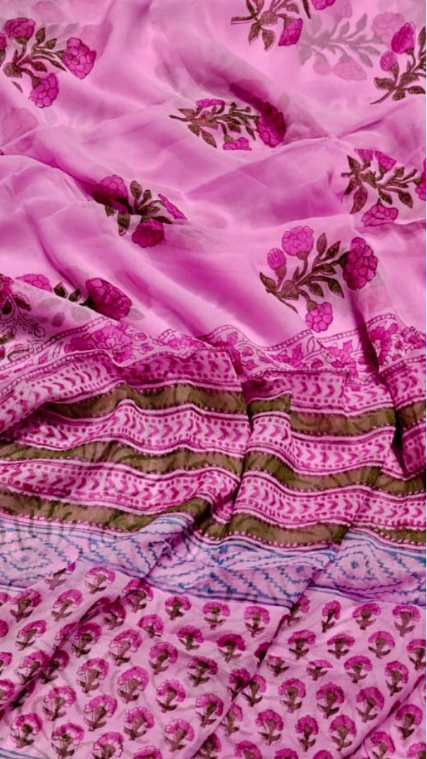 Pink Floral Handblocked Pure Double Chiffon Sarees