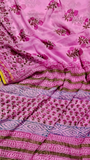 Pink Floral Handblocked Pure Double Chiffon Sarees