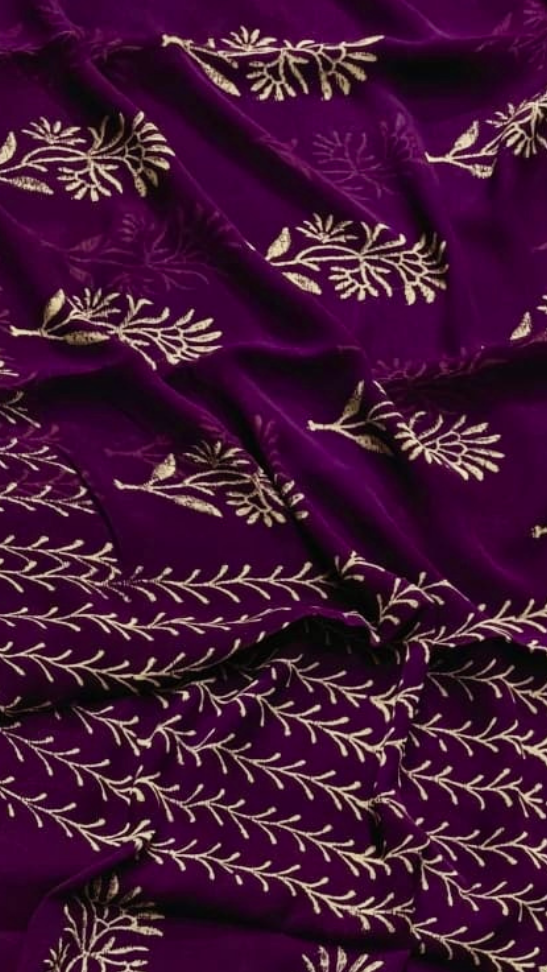 Eggplant Violet Floral Handblocked Pure Double Chiffon Sarees