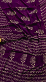 Eggplant Violet Floral Handblocked Pure Double Chiffon Sarees