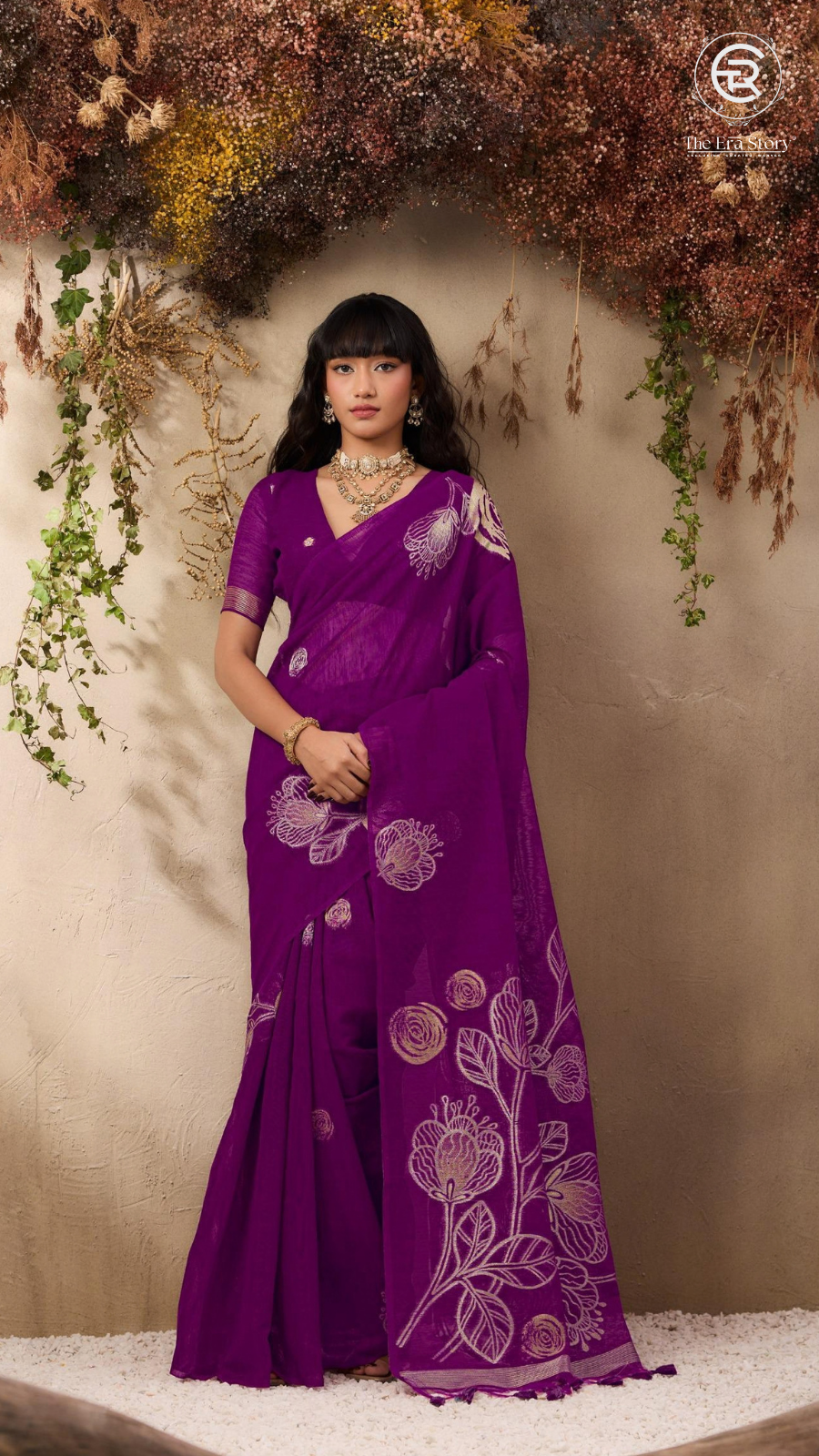 Purple & Gold Sliver Rose Tussar Silk Saree