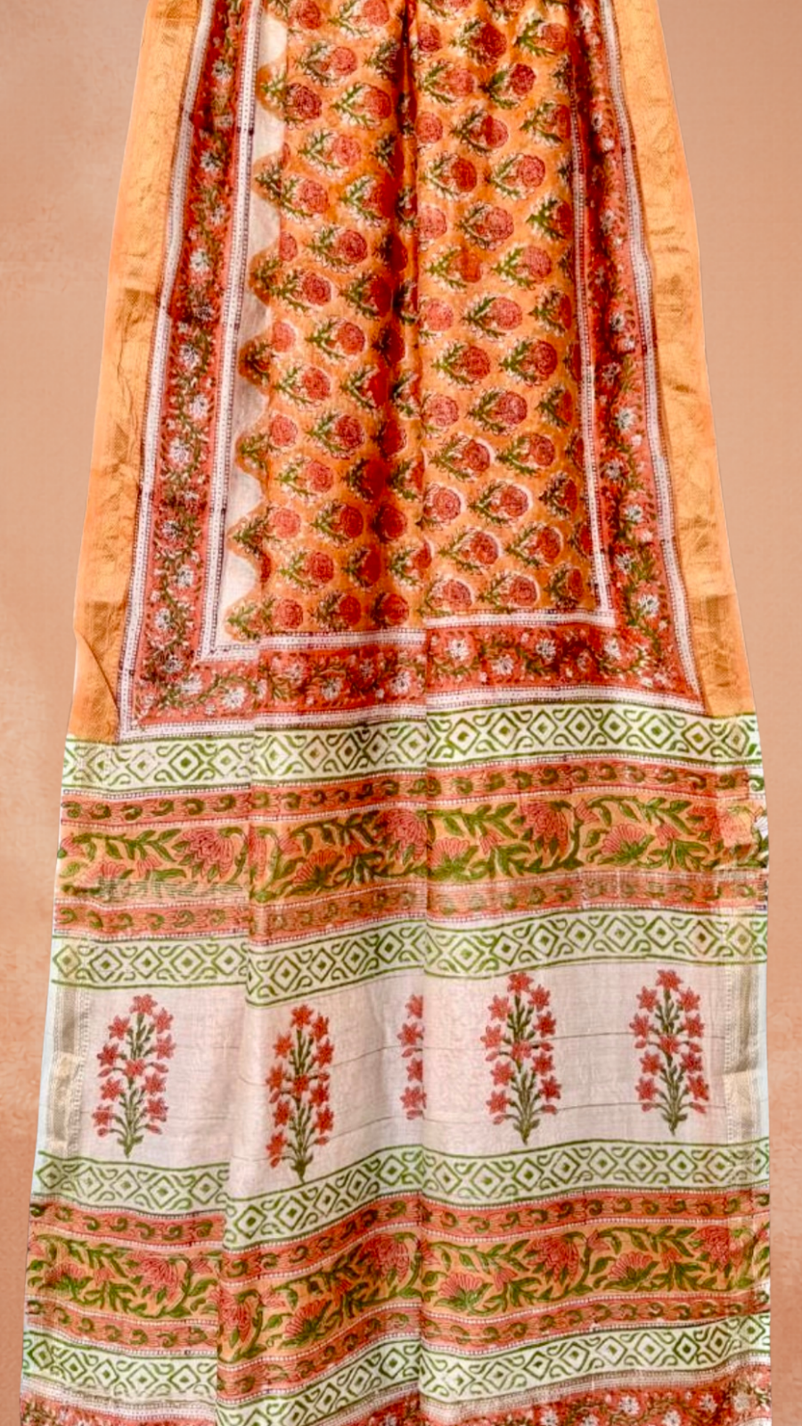 Orange Floral Handblocked Pure Maheshwari Cotton Sarees
