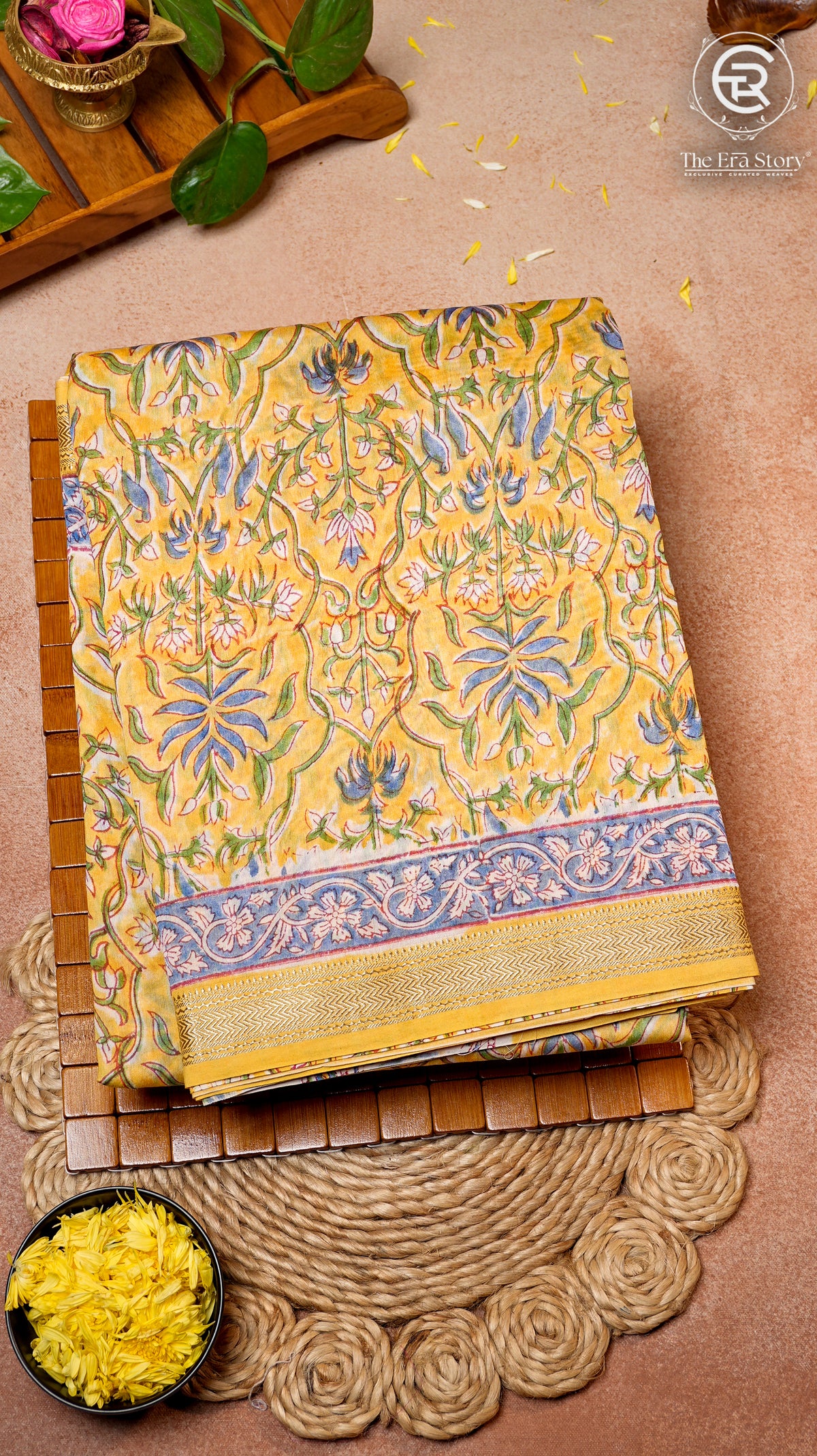 Yellow and Blue Floral Handblocked Pure Maheshwari Cotton Sarees