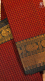 Maroon & Black Checkered Gold Peacock Zari Border Handloom Narayanpet Cotton Saree
