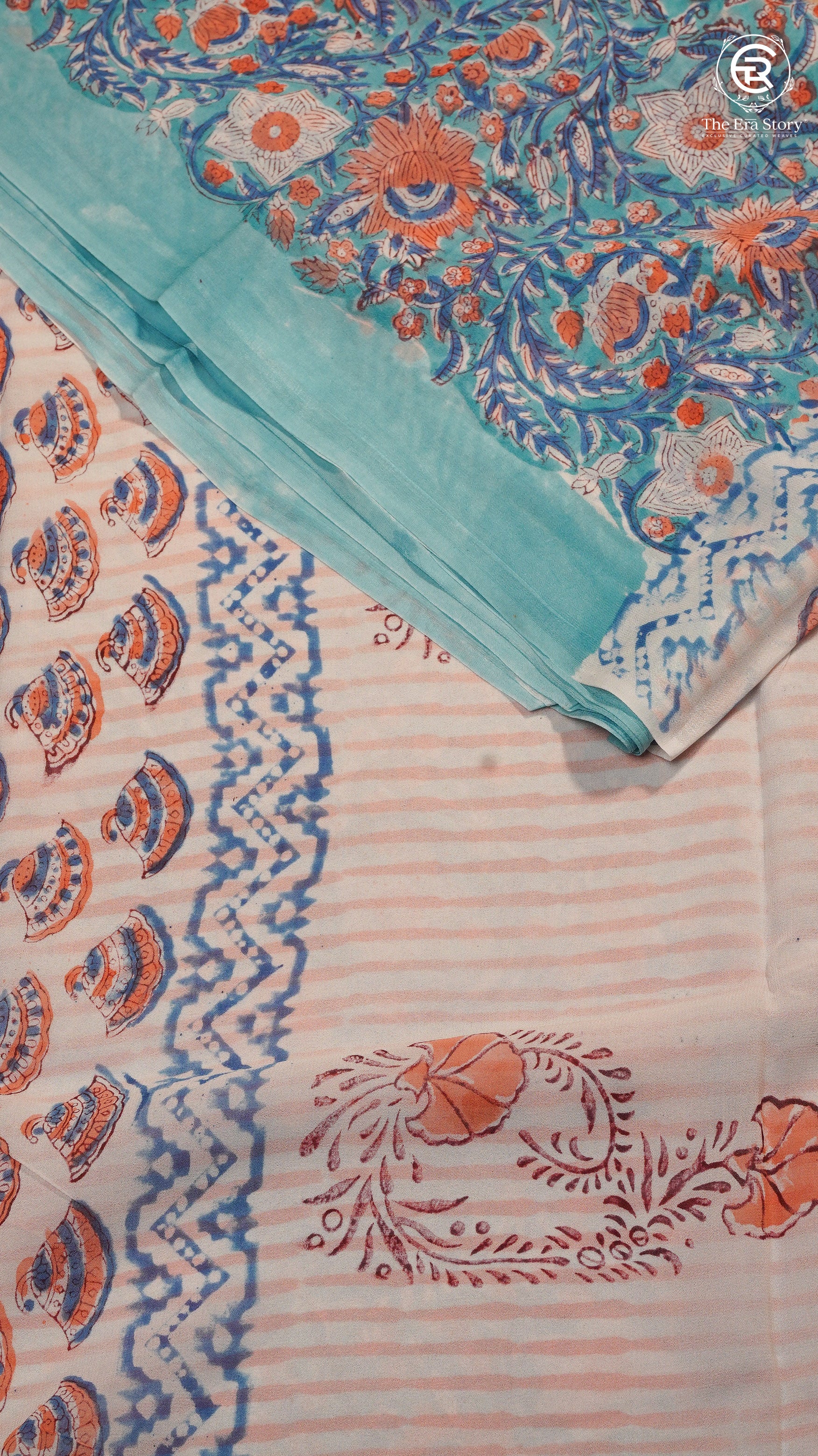 Aqua Blue & Orange Floral Handblocked Pure Georgette Saree