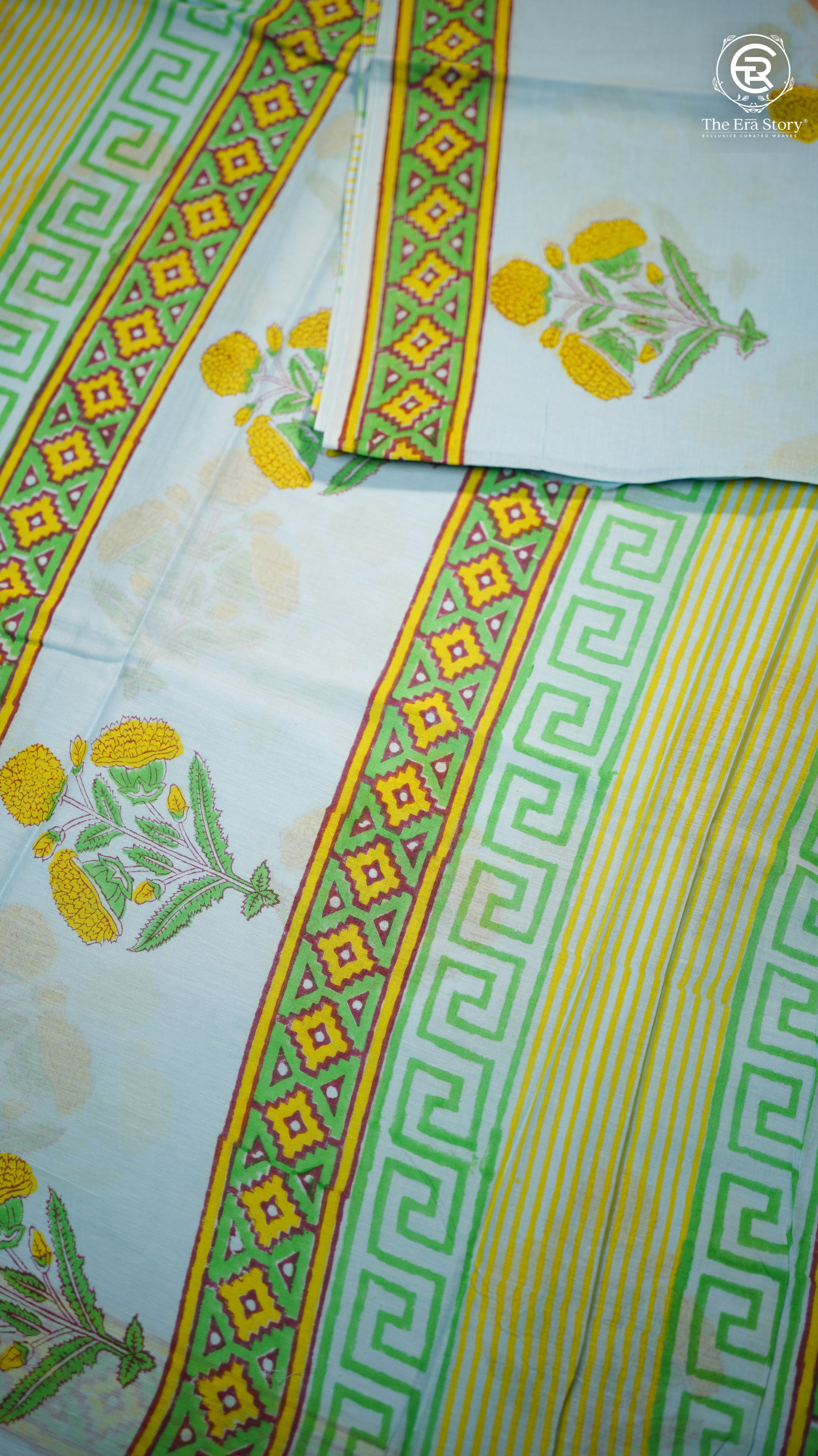 Powder Blue & Green Yellow Floral Handblocked Pure Mul Cotton Saree