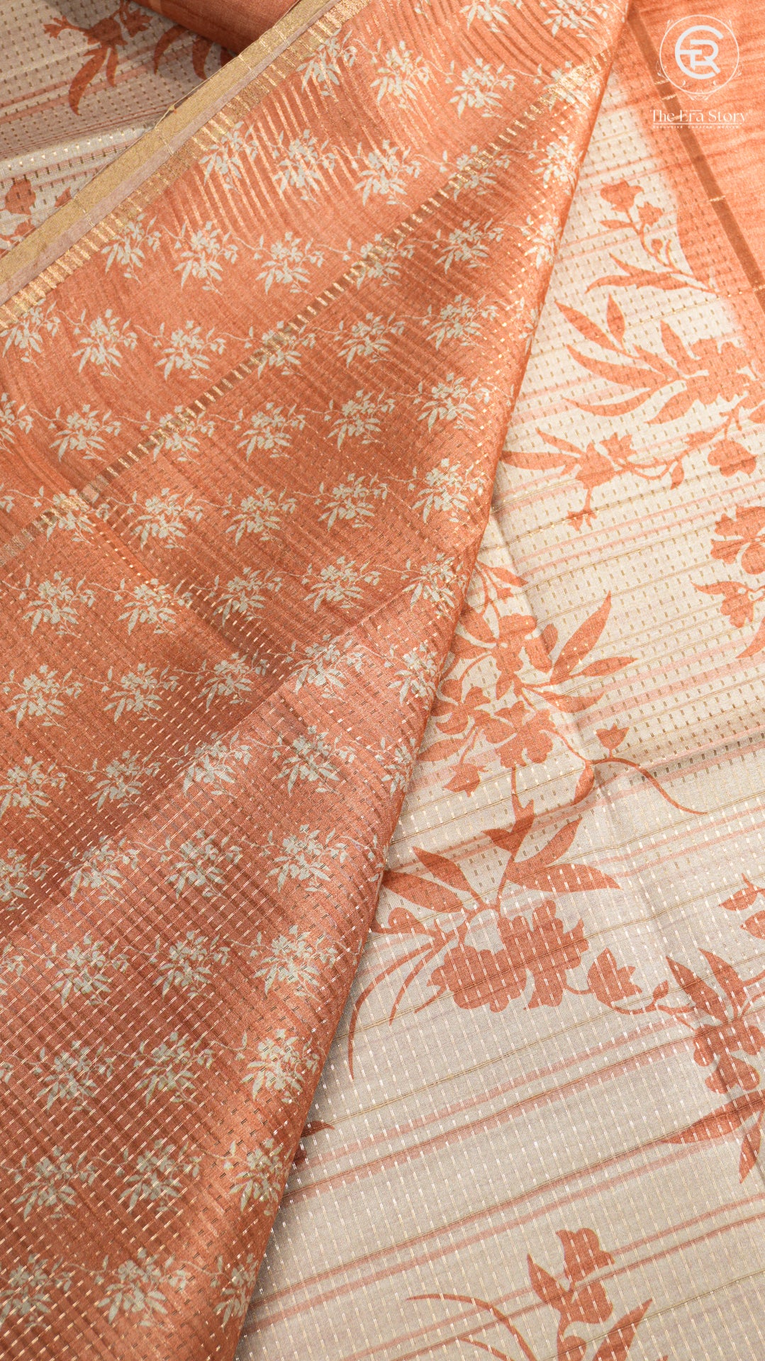 Beige & Orange Floral Kantha Matka Tussar Silk Saree