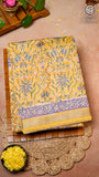 Yellow and Blue Floral Handblocked Pure Maheshwari Cotton Sarees