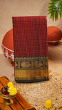 Maroon & Black Checkered Gold Peacock Zari Border Handloom Narayanpet Cotton Saree