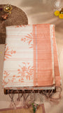 Beige & Orange Floral Kantha Matka Tussar Silk Saree