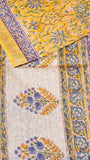 Yellow and Blue Floral Handblocked Pure Maheshwari Cotton Sarees