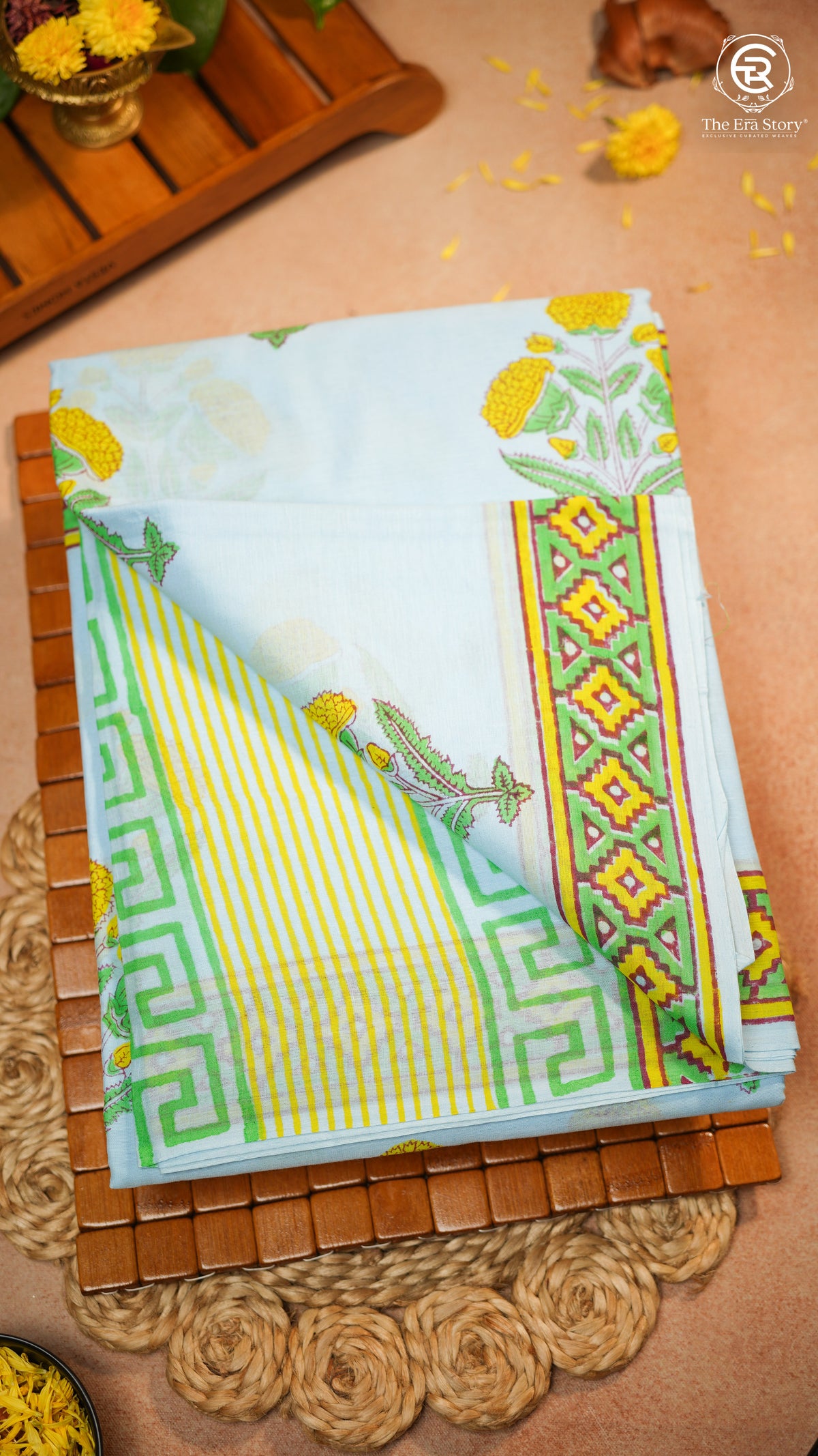 Powder Blue & Green Yellow Floral Handblocked Pure Mul Cotton Saree
