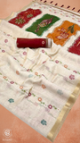 White & Red Orange Floral Jamdani Tussar Silk Saree