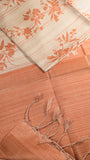 Beige & Orange Floral Kantha Matka Tussar Silk Saree