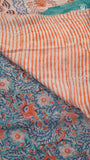 Aqua Blue & Orange Floral Handblocked Pure Georgette Saree