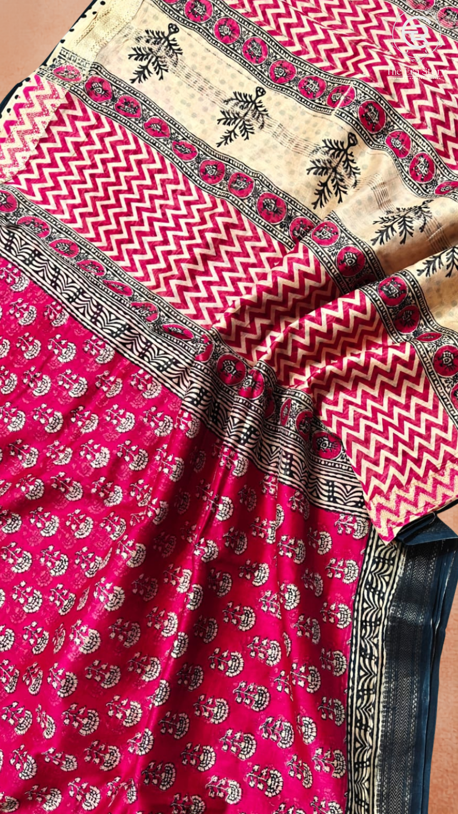 Ruby Pink & Beige Handblocked Pure Maheshwari Cotton Sarees