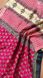 Ruby Pink & Beige Handblocked Pure Maheshwari Cotton Sarees