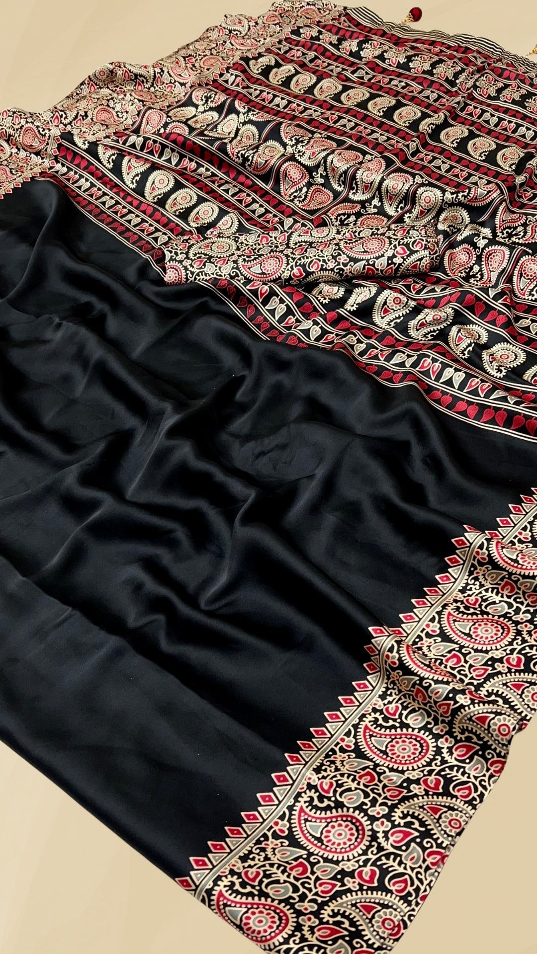 Charcoal Black Mango Floral Ajrakh Gajji Silk Saree