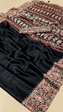 Charcoal Black Mango Floral Ajrakh Gajji Silk Saree