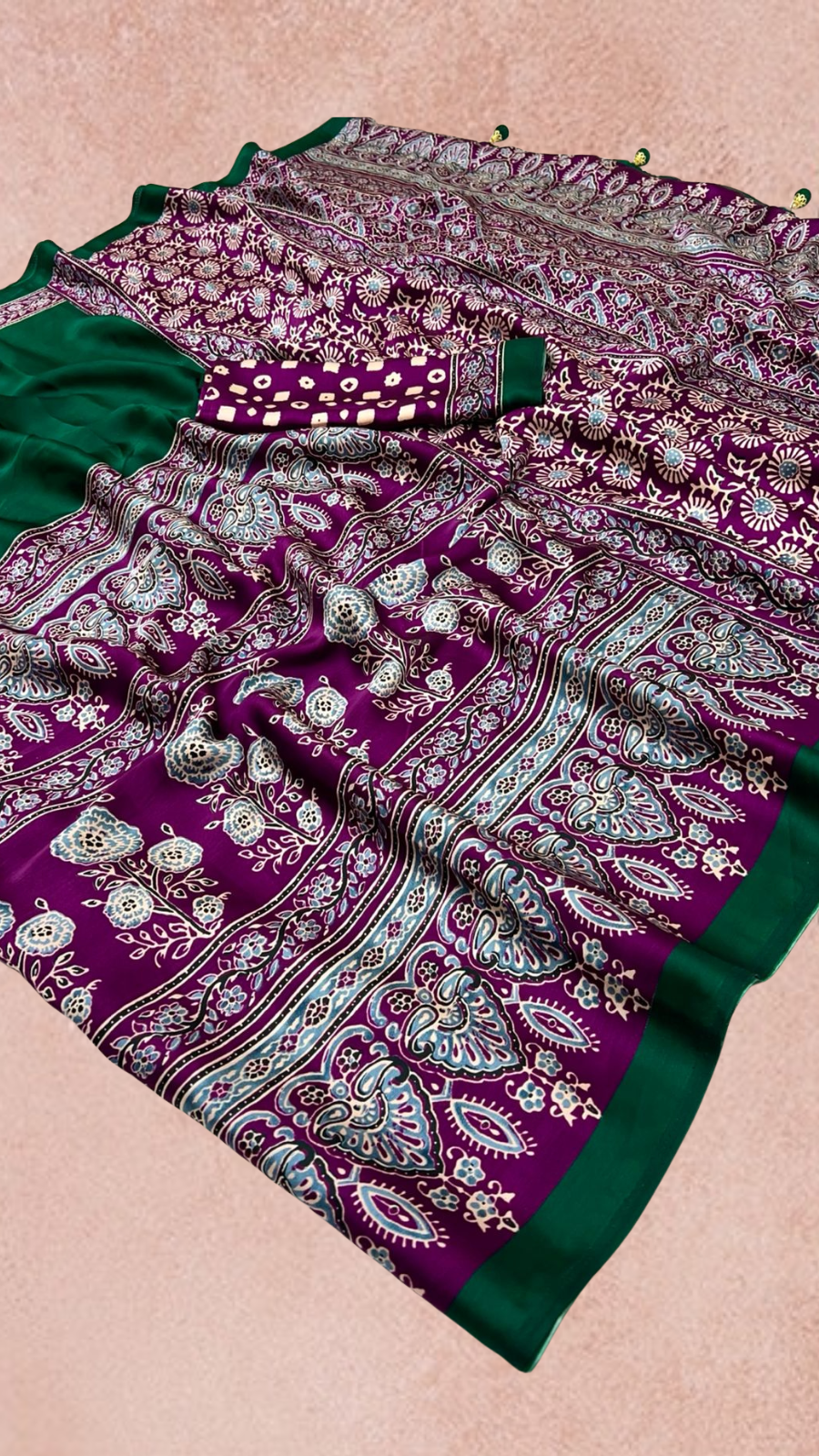 Green and Purple Ajrakh Satin Crepe Silk Saree