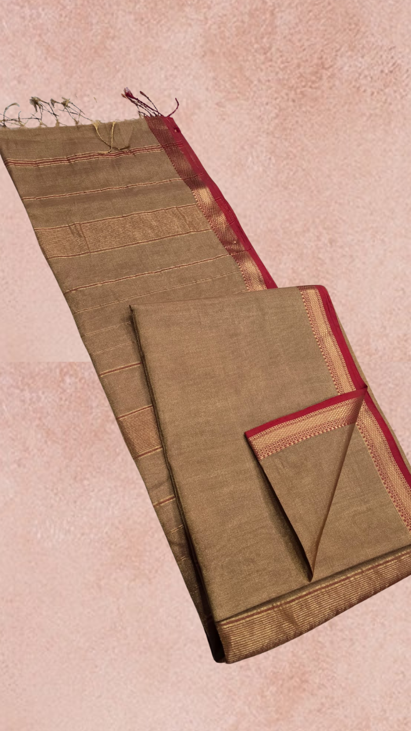 Khaki Brown and Red Handloom Pure Maheshwari Silk Saree