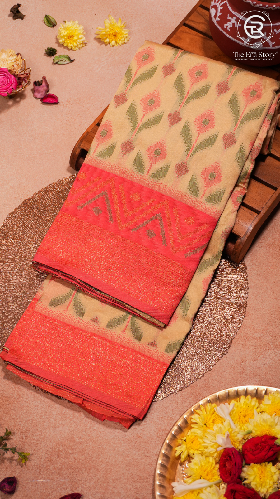 Beige and Pink Floral Banarasi Silk Saree