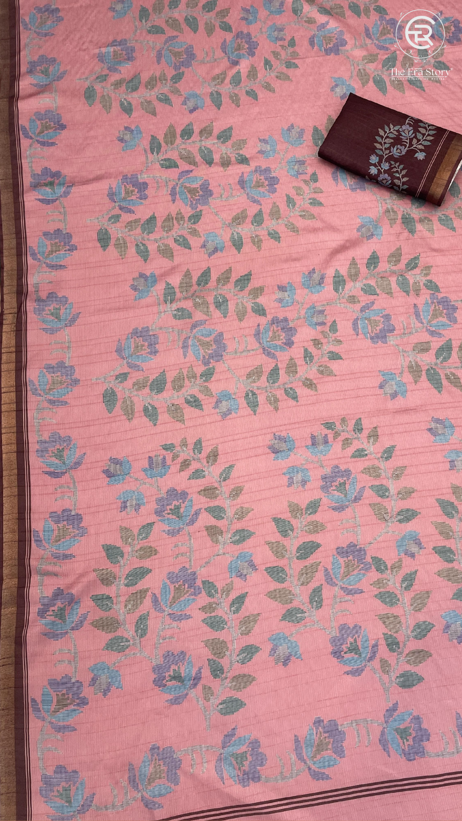 Peach Burgundy & Blue Floral Printed Tussar Silk Saree