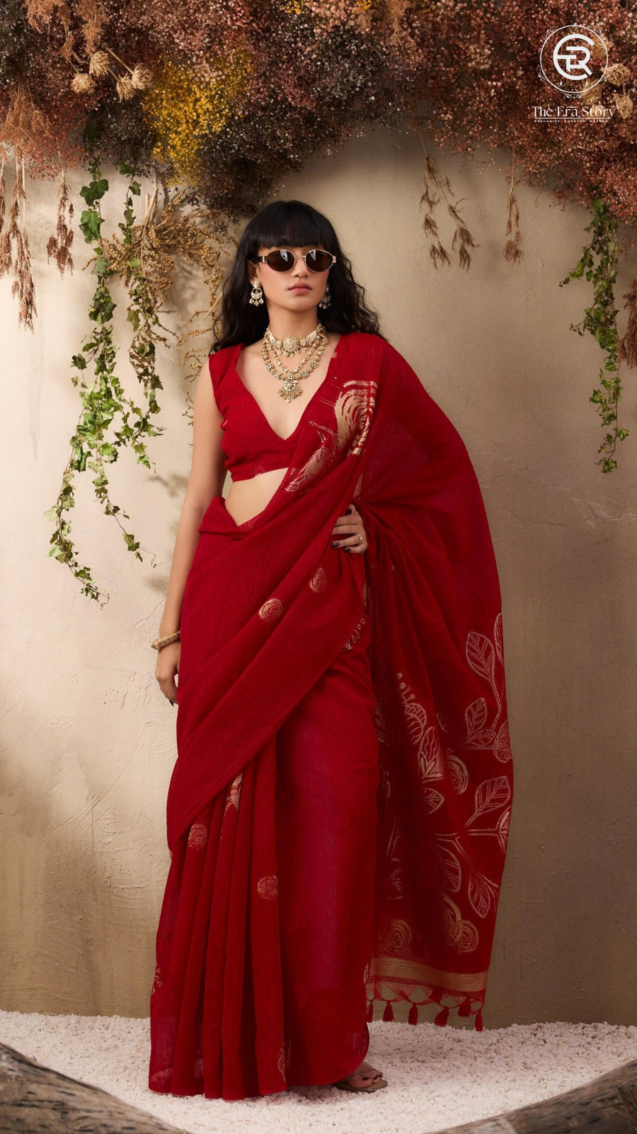 Red & Gold Sliver Rose Tussar Silk Saree