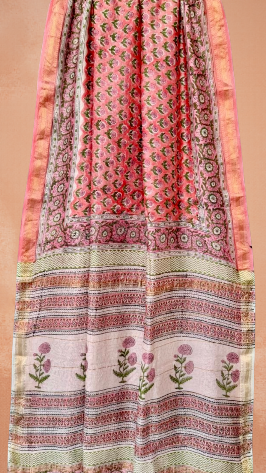Peach Floral Handblocked Pure Maheshwari Cotton Sarees
