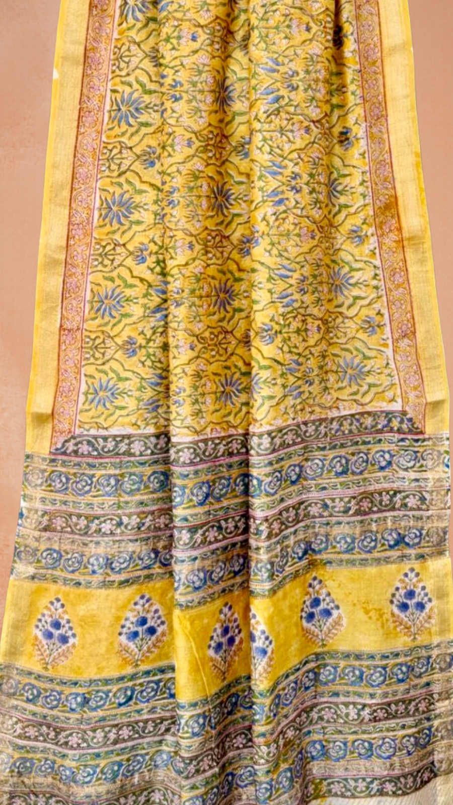 Yellow and Blue Floral Handblocked Pure Maheshwari Cotton Sarees