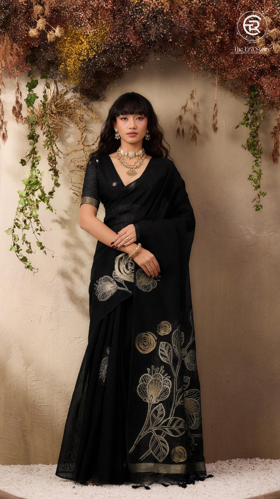 Black & Gold Sliver Rose Tussar Silk Saree