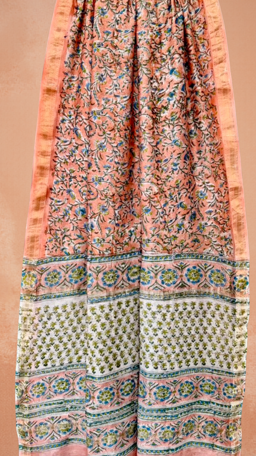 Peach and Blue Floral Handblocked Pure Maheshwari Cotton Sarees