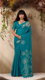 Aqua Blue & Gold Sliver Rose Tussar Silk Saree