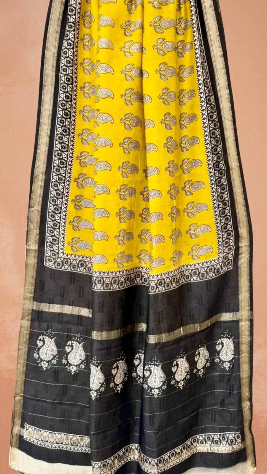 Yellow and Black Floral Handblocked Pure Maheshwari Cotton Sarees
