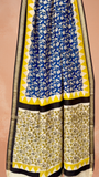Blue and Yellow Floral Handblocked Pure Maheshwari Cotton Sarees