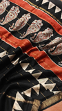 Black & Beige Mango Floral Handblocked Pure Maheshwari Cotton Sarees
