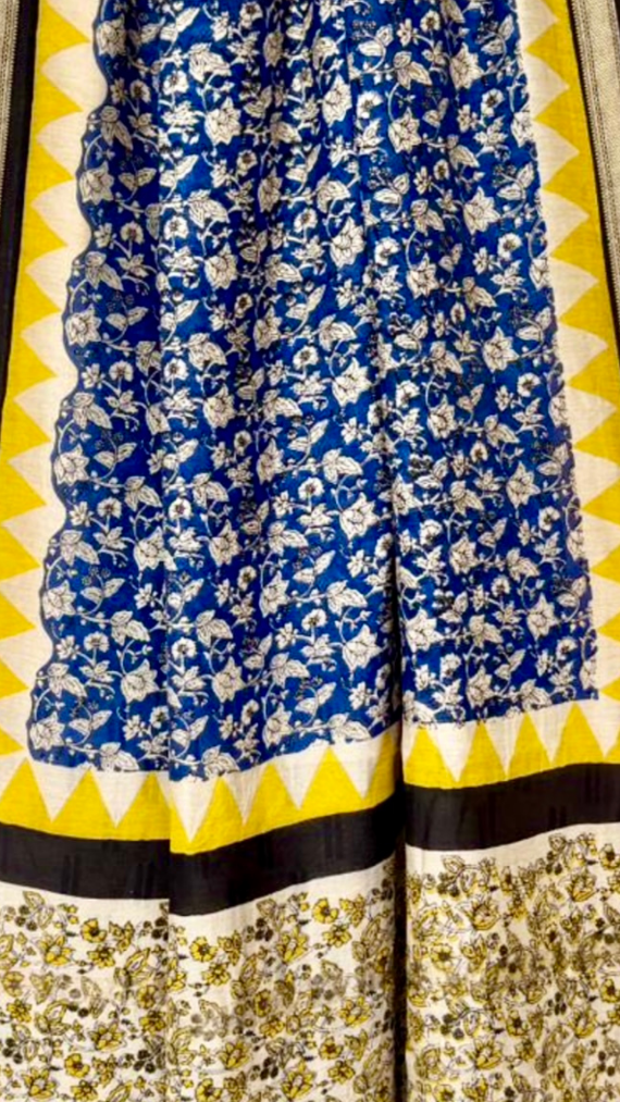 Blue and Yellow Floral Handblocked Pure Maheshwari Cotton Sarees