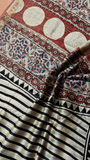 White Black & Red Line Patterned Handblocked Pure Maheshwari Cotton Sarees