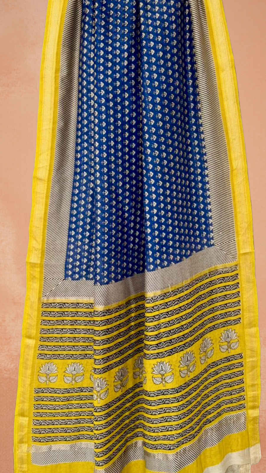 Blue and Yellow Geometric Handblocked Pure Maheshwari Cotton Sarees