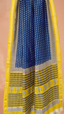 Blue and Yellow Geometric Handblocked Pure Maheshwari Cotton Sarees