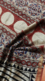 White Black & Red Line Patterned Handblocked Pure Maheshwari Cotton Sarees