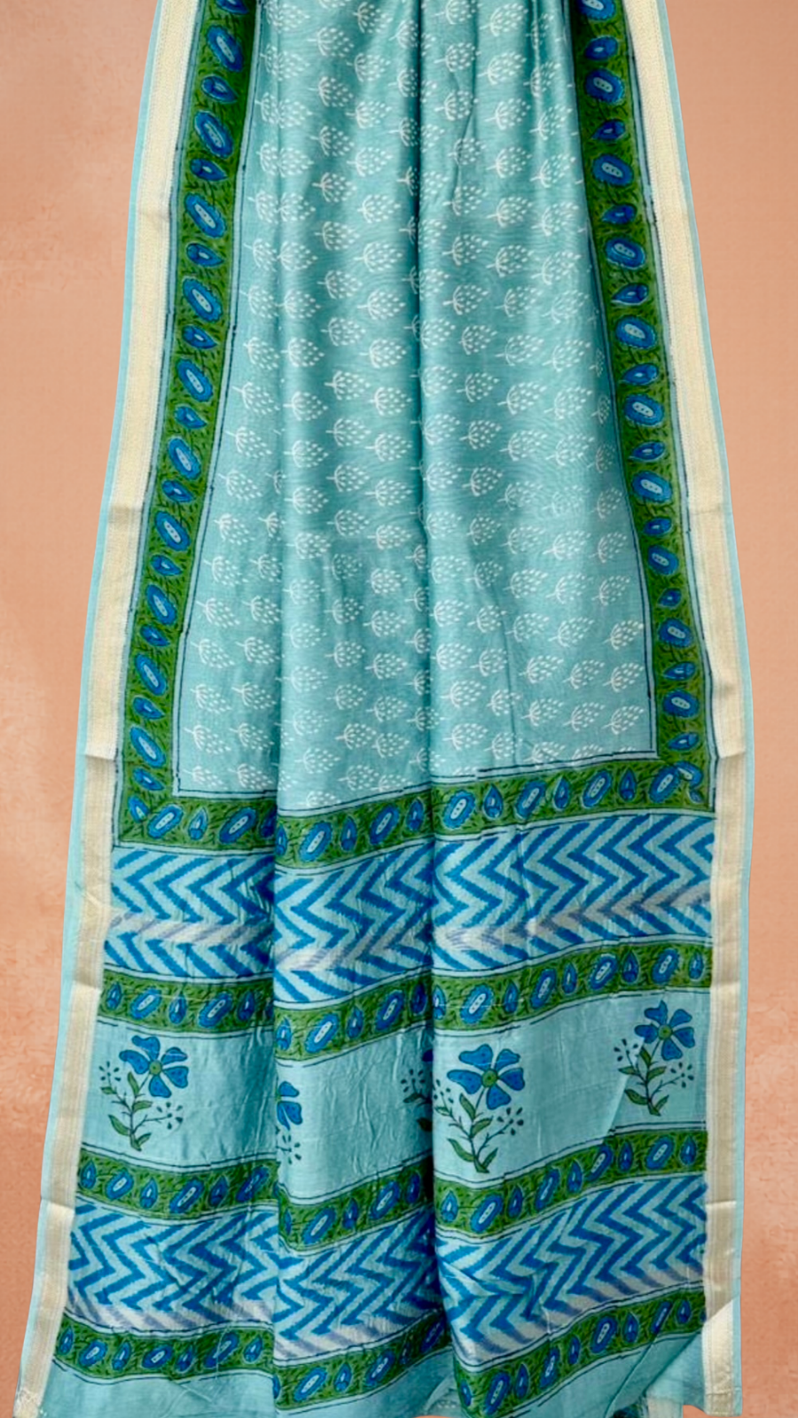 Green and Blue Geometric Handblocked Pure Maheshwari Cotton Sarees